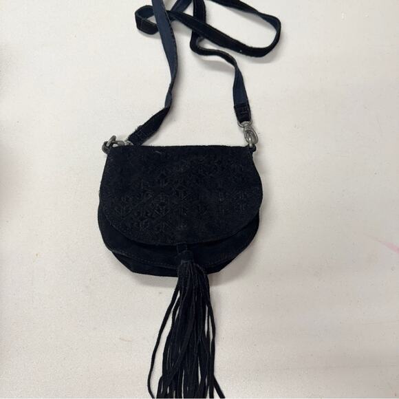 World Market Black Suede Leather Fringe Crossbody Handbag Purse Boho Casual - Picture 1 of 11